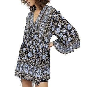 Free People S Mini Dress or Long Shirt Tunic Moonlight Dance Blue Black Boho